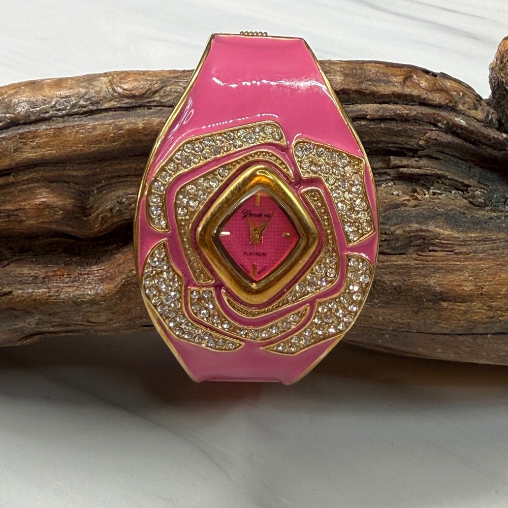 Geneva Platinum Pink Enamel Rhinestone Floral Cuff Watch 8663 Gold Tone